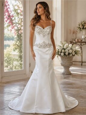 David's Bridal White Satin Mermaid Wedding Gown with Beaded Appliqué